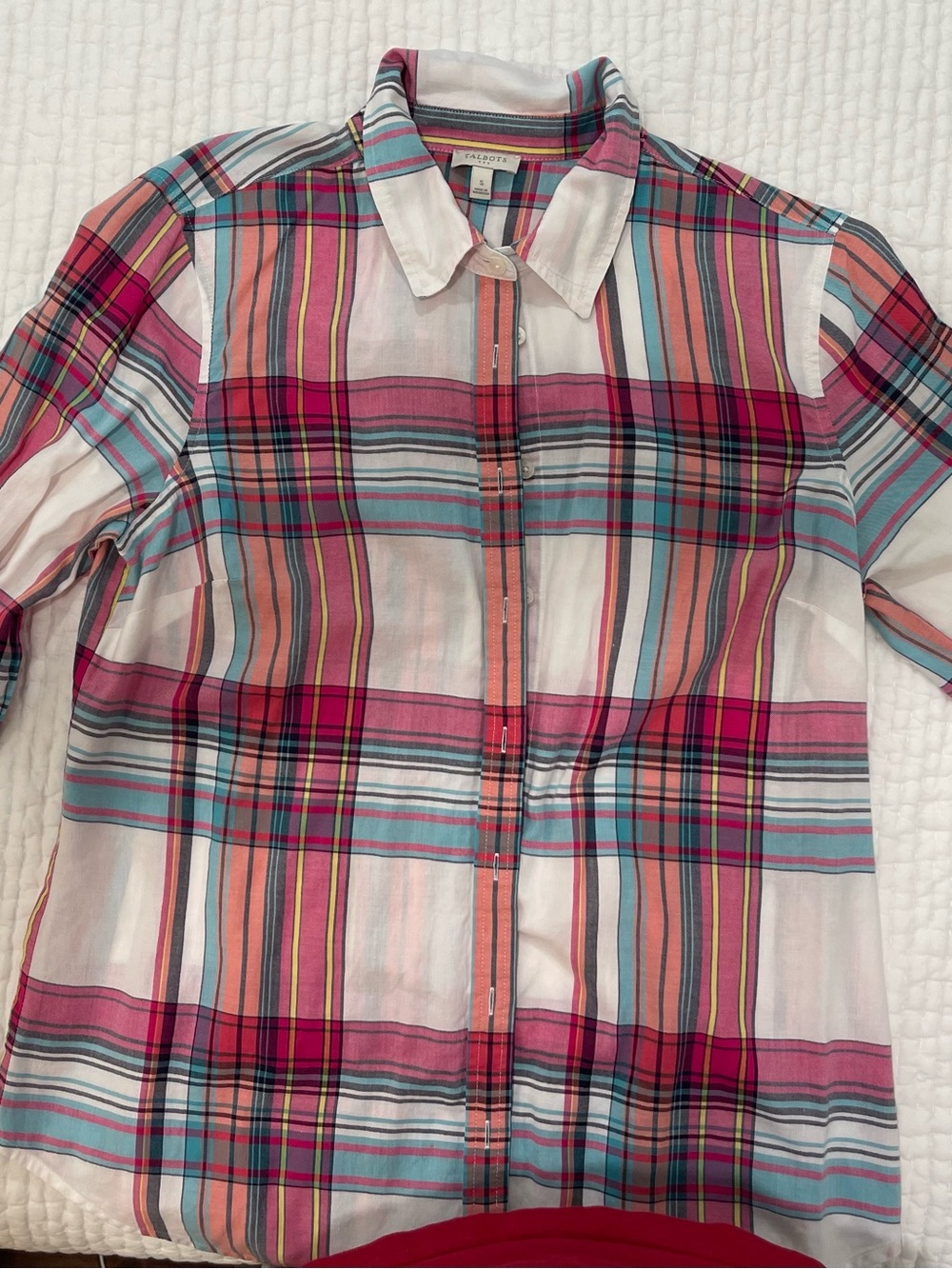 Talbots Pink, Aqua & Coral Plaid Button-Down Shirt